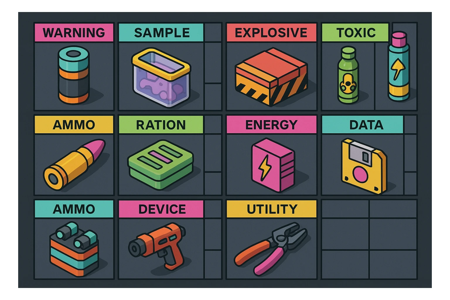 a virtual display, a gray grid with darker gray cells, each cell containing an item viewed in isometric minimalism render The cells have pastel neon colored labels in their upper corner, indicating various traits of the items. retrofuturism, circa 2880's.
The items are scientific and military in nature - varieties of munitions, scientific samples, rations, data storage, utilities. There are two arrays of grids, one left, one right. Each array has a few empty spaces at the bottom. "graphic realism." brutalism. the items are adorned in bright colors, neon-safety, early 90's pallete sticker