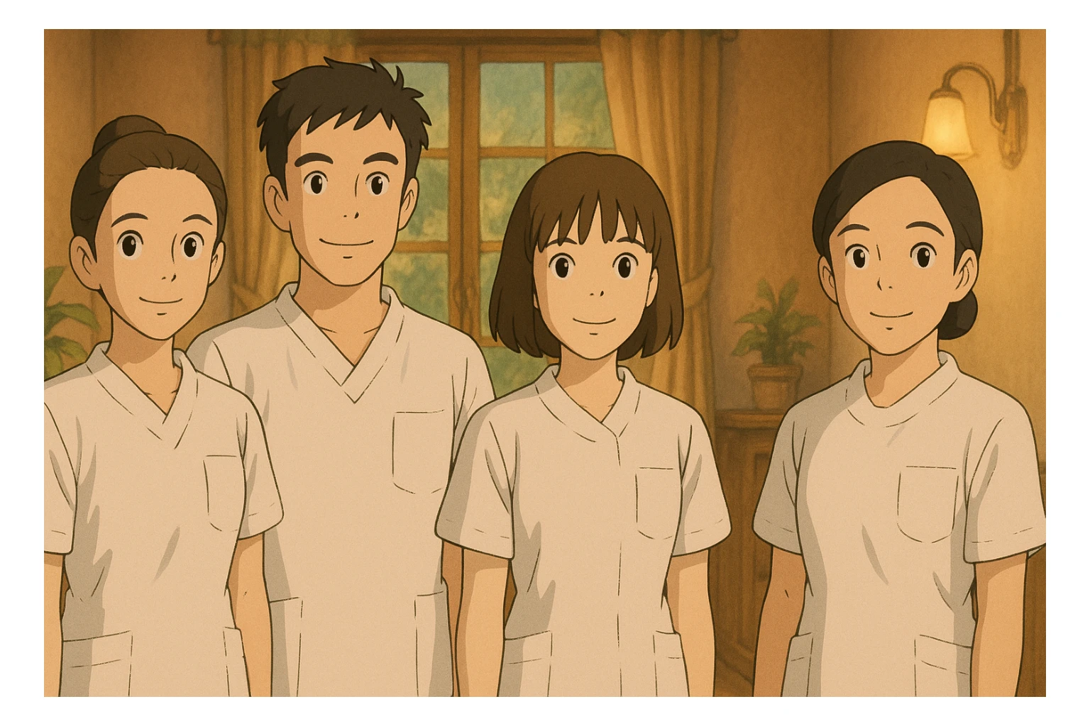 four nursing students standing side by side, resembling four provided faces, wearing white short-sleeve medical uniforms with V-neck, left chest pocket, no collar, no undershirt, no stethoscope, warm indoor ambiance, Ghibli style sticker