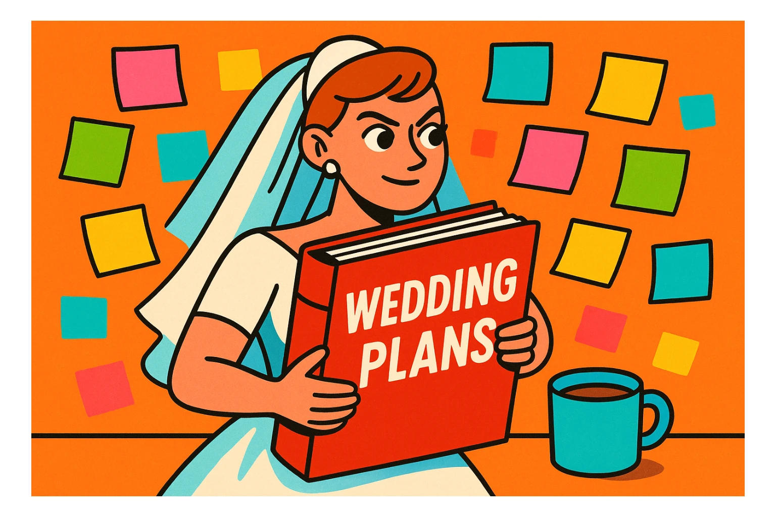 bride with a big binder labeled 'Wedding Plans' surrounded by sticky notes and a cup of coffee, looking determined, vibrant playful style sticker