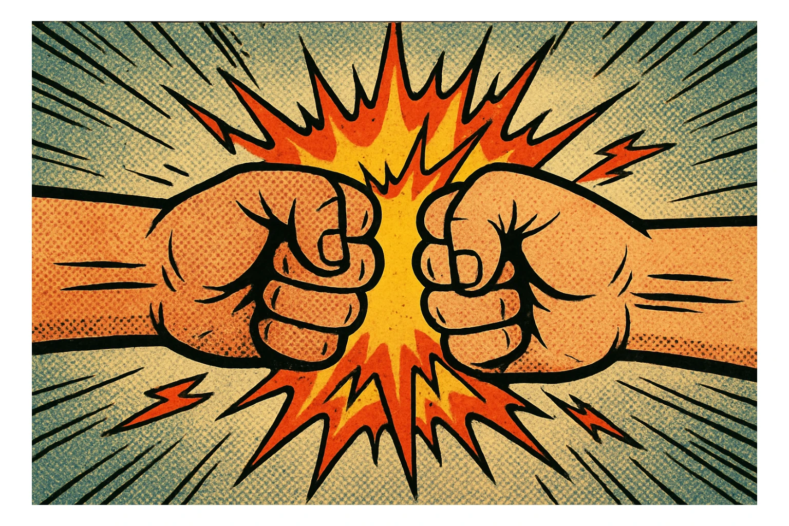 two fists colliding in a dramatic impact, vibrant comic book style, dynamic action, energy sparks sticker