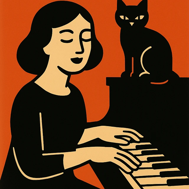 woman playing piano while her cat sits on top of the piano