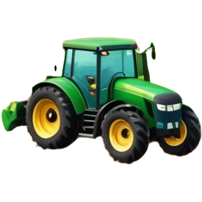 vibrant rural landscape with a tractor plowing fields, inspired by Farming Simulator 22. The design includes lush green fields, a barn, and a scenic countryside with trees and mountains in the distance. Transparent background emoji