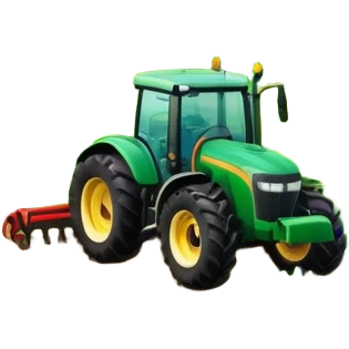 vibrant rural landscape with a tractor plowing fields, inspired by Farming Simulator 22. The design includes lush green fields, a barn, and a scenic countryside with trees and mountains in the distance. Transparent background emoji