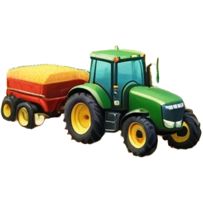 An icon featuring a vibrant rural landscape with a tractor plowing fields, inspired by Farming Simulator 22. The design includes lush green fields, a barn, and a scenic countryside with trees and mountains in the distance. Transparent background emoji