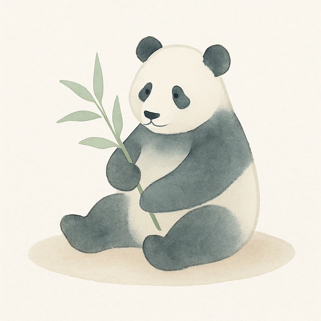 Panda with a bamboo shoot on a plush mat.