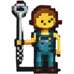 Technical pixel art badge with colorful stick figure holding car tool key emoji