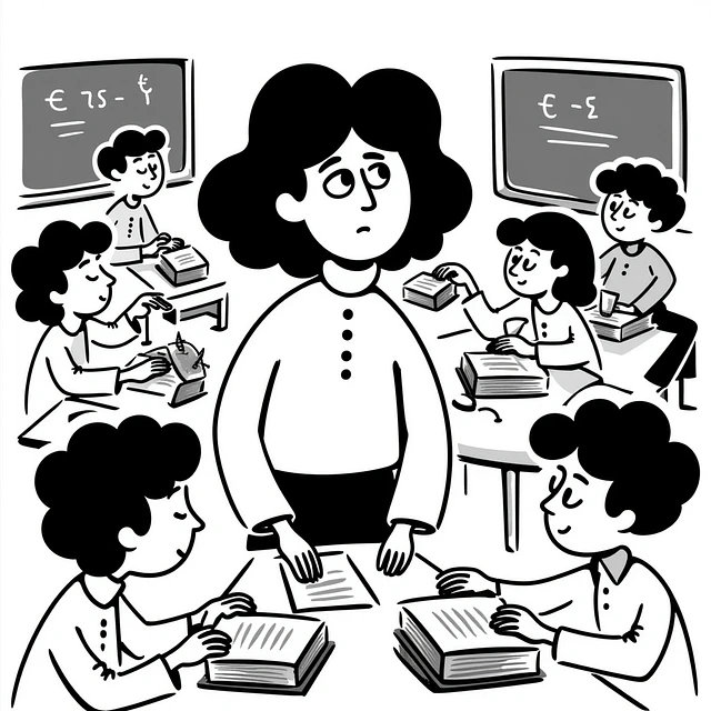 exhausted teacher in a bustling classroom