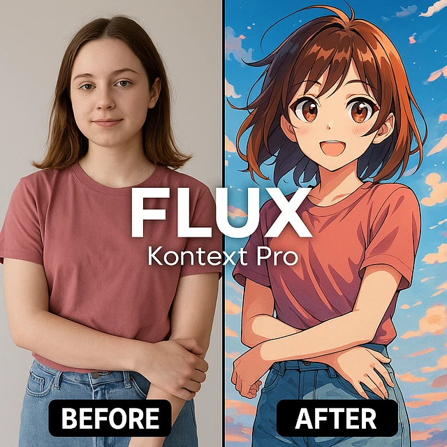 create before after image of a girl before is realsitic photo, after is anime version of her in same pose and clothes, add logo with text of a "FLUX Kontext Pro"