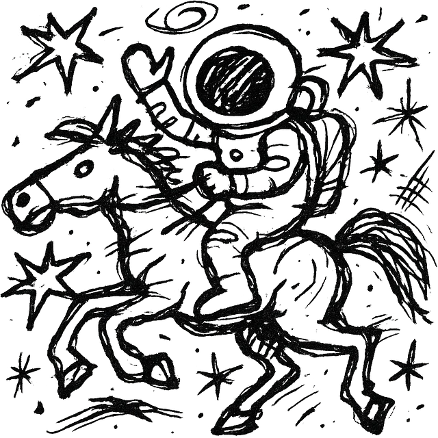 astronaut on horseback with stars in background