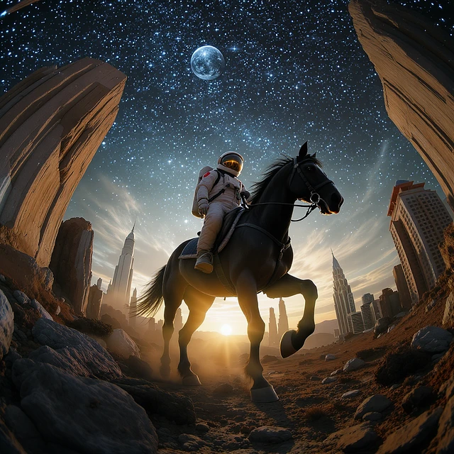 astronaut on horseback with stars in background