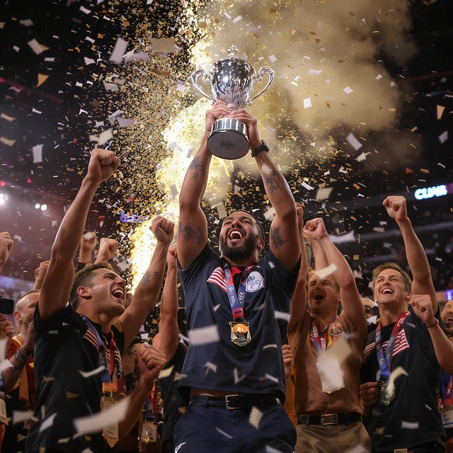 team celebrating with trophy