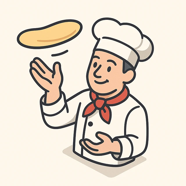 smiling Italian chef spinning pizza dough
