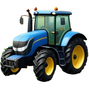 An icon representing a farming simulator, with a detailed tractor plowing fields under a bright sky with rural landscape. The design includes farming tools, crops and barns, symbolizing the immersive experience of managing a farm. Transparent background. emoji