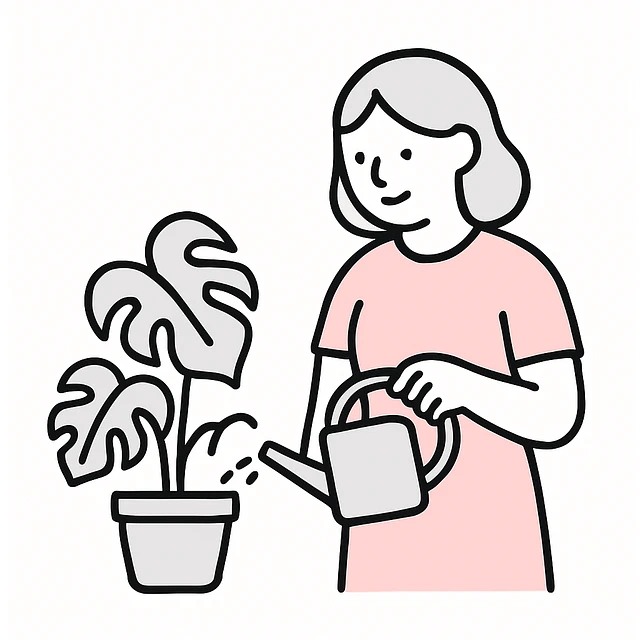 woman watering her monstera plant