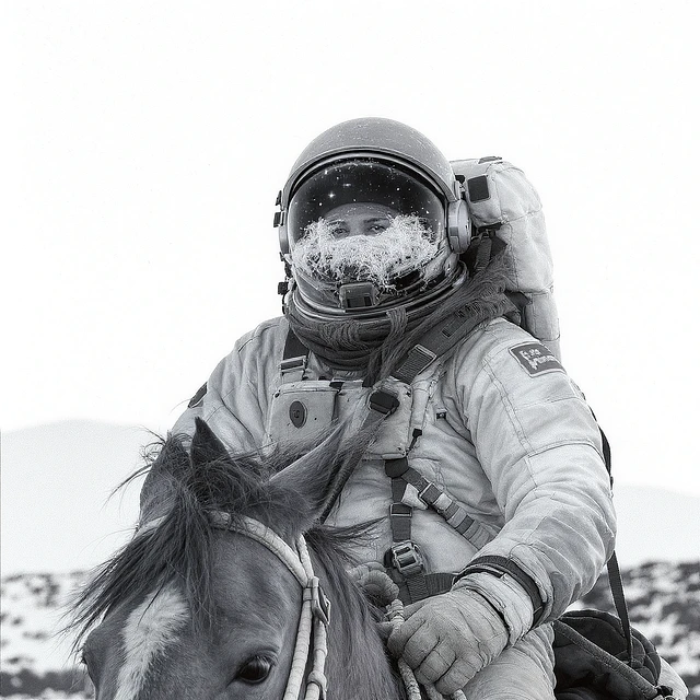 astronaut on horseback with stars in background