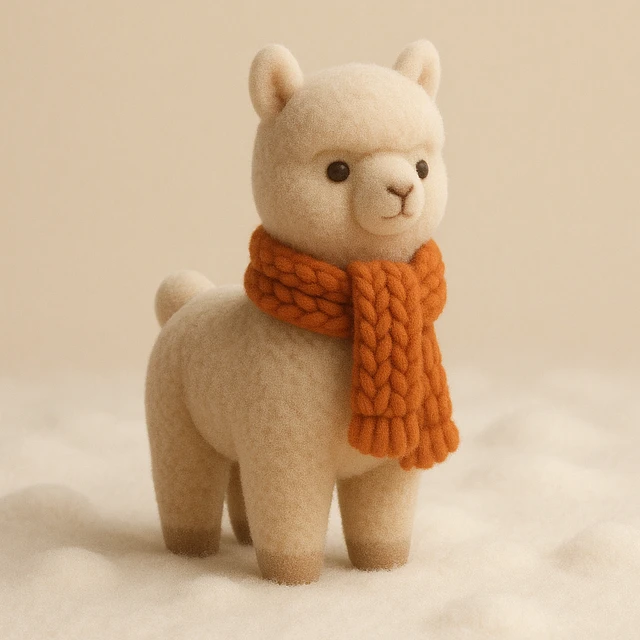 Alpaca toy wearing a knitted scarf in snow.