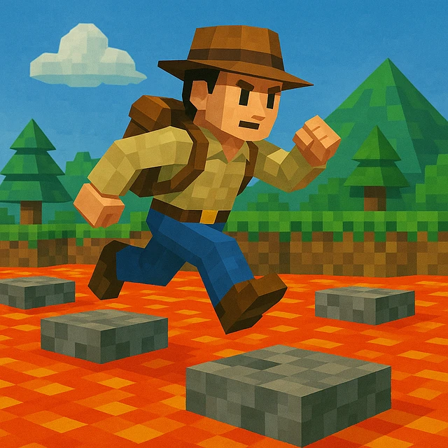 Adventurer jumping across lava blocks.
