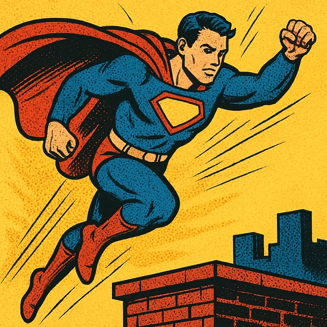 Hero leaping from a rooftop with cape trailing.
