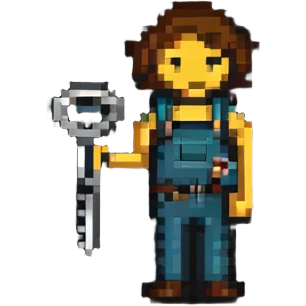 Technical pixel art badge with colorful stick figure holding car tool key emoji