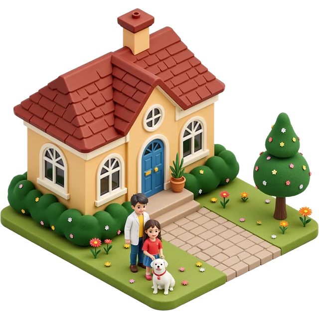 palace house with a family and pet