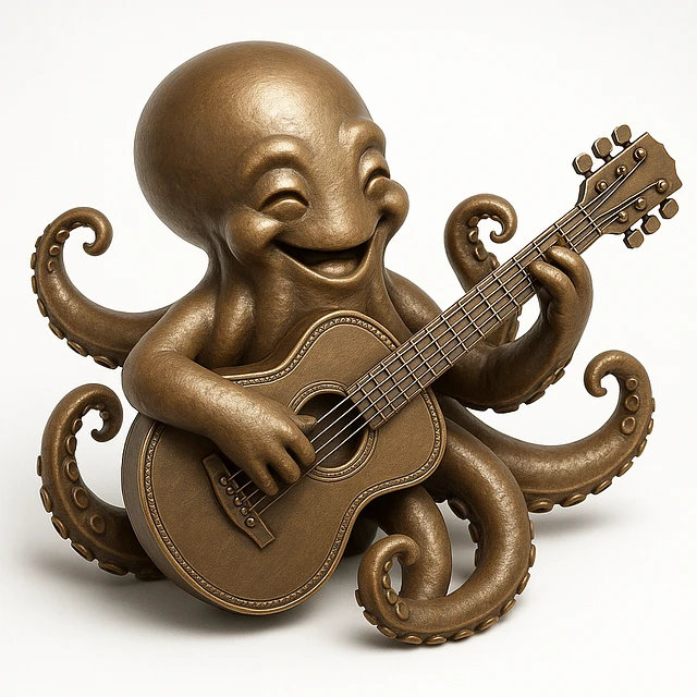 happy octopus with multiple arms playing guitar