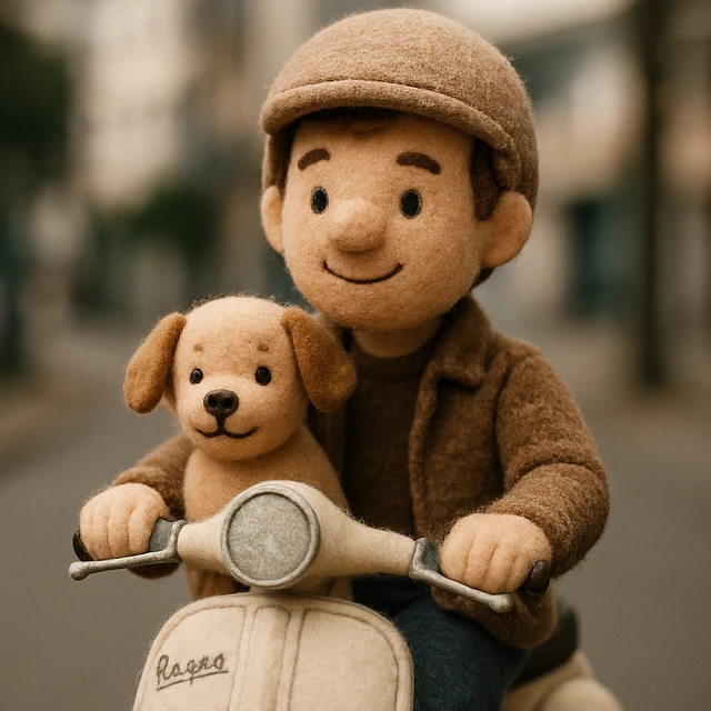 man and his pet dog riding a vespa