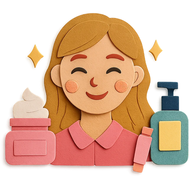 preppy girl with glowing skin, surrounded by skincare products