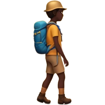 A 3D cartoon hiker silhouette standing on a rocky path at sunset, warm golden light, Memoji-style rendering. emoji