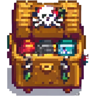 pixel art pirate emoji with wooden leg and treasure chest emoji