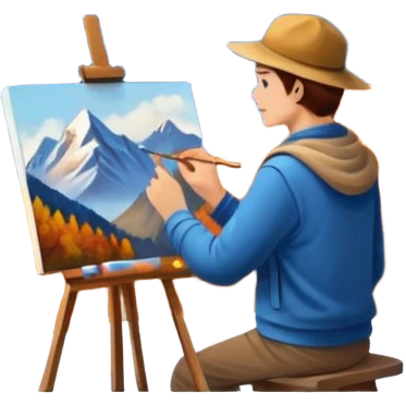 Artist painting a beautiful autumn mountain peak destination on canvas emoji