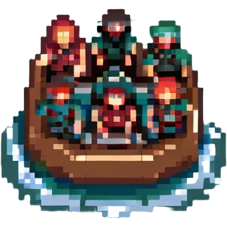 pixel art version of Le radeau de la Méduse, raft full of people, dramatic sea emoji