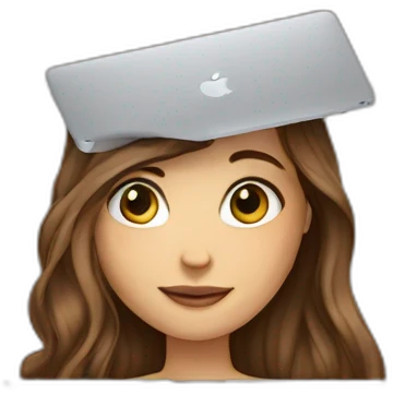 Caucasian girl in long brown hair with macbook emoji
