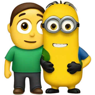 men, brown eyes holding between his arms a minion with green eyes emoji