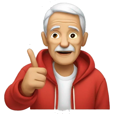 Old man in red hoodie doing the peace sign emoji
