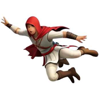 An icon featuring a hero performing a leap of faith from a tower in Florence, inspired by adventure games like Assassin's Creed. The design captures the dramatic moment mid-air, with detailed architecture and a bustling city below. Transparent background emoji
