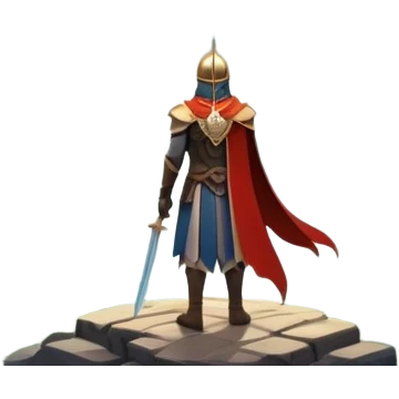 An icon featuring a hero with a closed visor, standing in a majestic, mystical landscape, inspired by RPGs like Elden Ring. The design includes a stunning, ethereal background with towering castles and distant mountains, symbolizing the adventure and mystery. Transparent background emoji