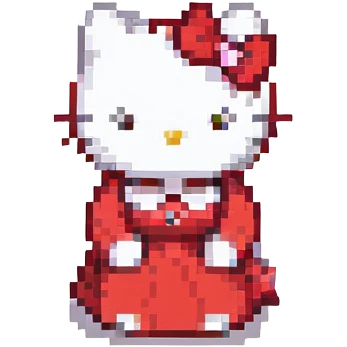 Hello Kitty sitting pose red dress classic look minimal details pixel art with a small yellow nose accent emoji