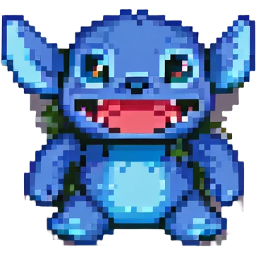 Stitch from Lilo & Stitch, pixel art style, sneaking, mischievous grin, low to the ground emoji