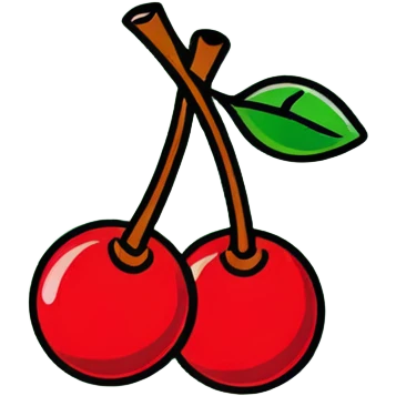 Bunch of three red cherries with stems and green leaves emoji
