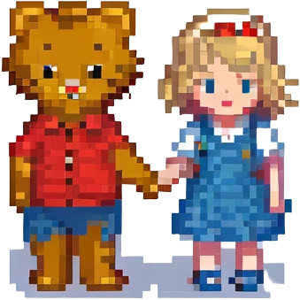 Daniel Tiger and Taylor Swift together, holding hands, pixel art style, simple and charming, cute and minimalistic emoji