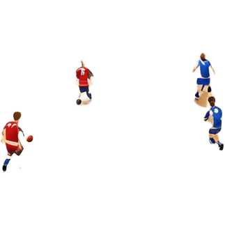 A mini-football match in an indoor sports hall with a wooden floor and clear court markings. The scene captures players in action, with the ball moving towards the goal, and the surrounding bleachers and overhead lights adding to the atmosphere of a competitive game. emoji