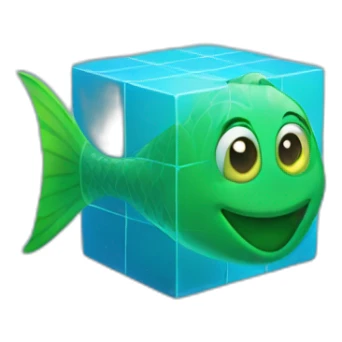 blue magic cube with a green face and a green fish tale sticker