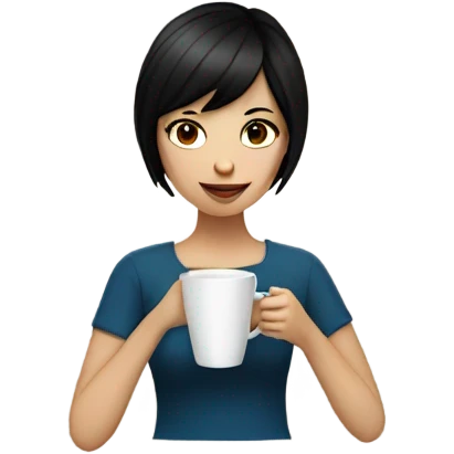 Girl with very short black hair, fair skin and brown eyes drinking coffee emoji