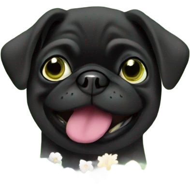 Black pug , surrounded by flowers, holding a green sign that says “good luck”  emoji