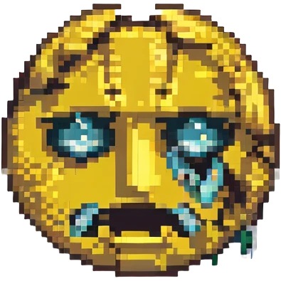 A happy-looking pixel art emoji with a broken mask revealing a sad face and empty eyes. emoji