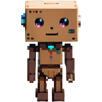 Danbo robot with square head, simple face, standing on wooden floor in a warmly lit room, pastel palette, soft shadows, cozy cartoon look emoji