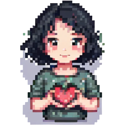 chica de cabello negro, corto y ondulado, haciendo un corazón con la mano, estilo pixel art emoji