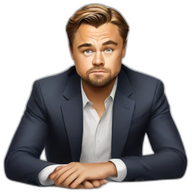 Leonardo DiCaprio sitting on the white table and trying to solve a problem in his business emoji