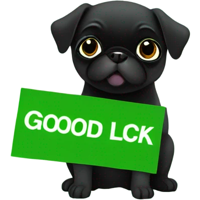 Black pug , surrounded by flowers, holding a green sign that says “good luck”  emoji