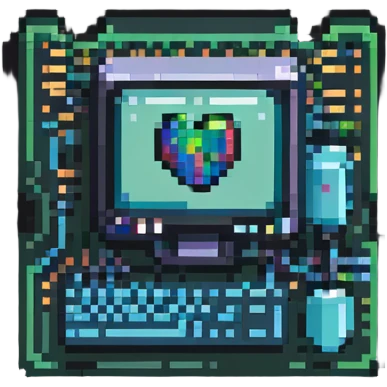 Minimalist technical pixel art IT support badge, bright colors, computer chip design emoji